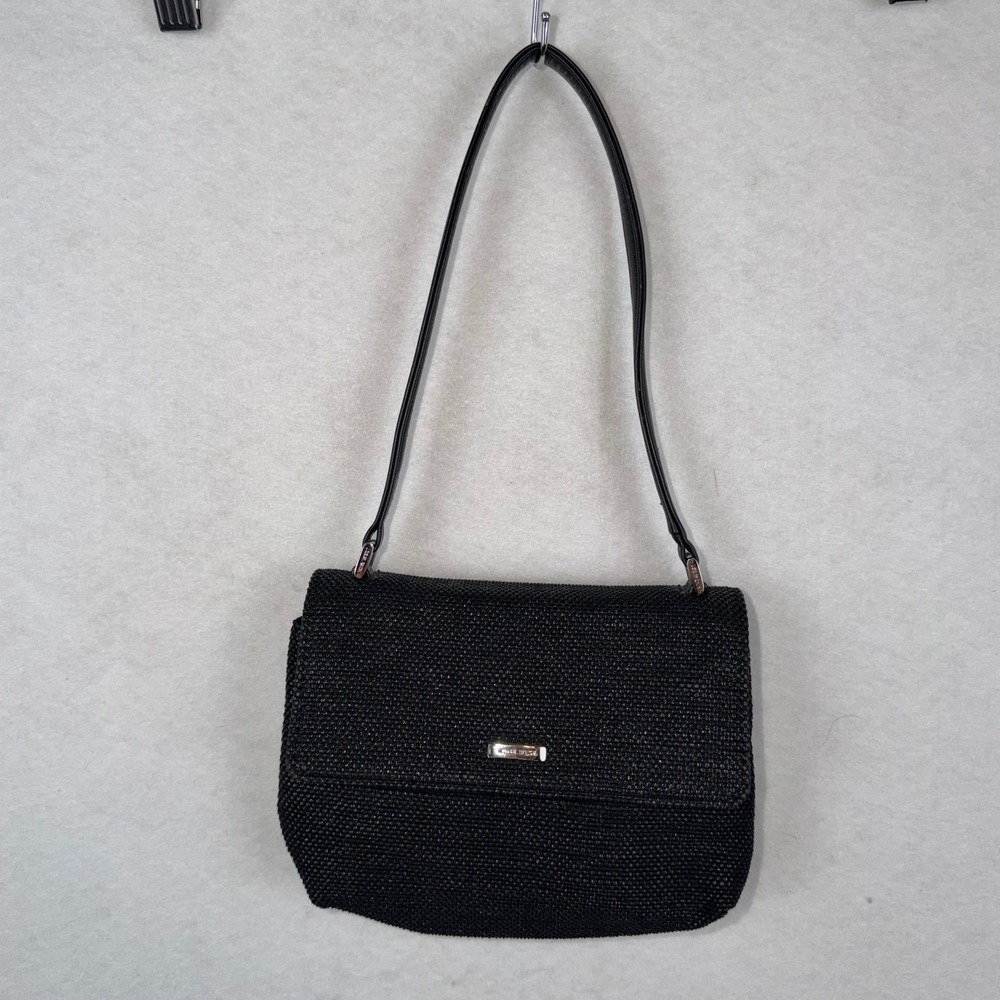 Nine West Shoulder Bag Women Small Black Woven Flap Y2K Minimalist Purse